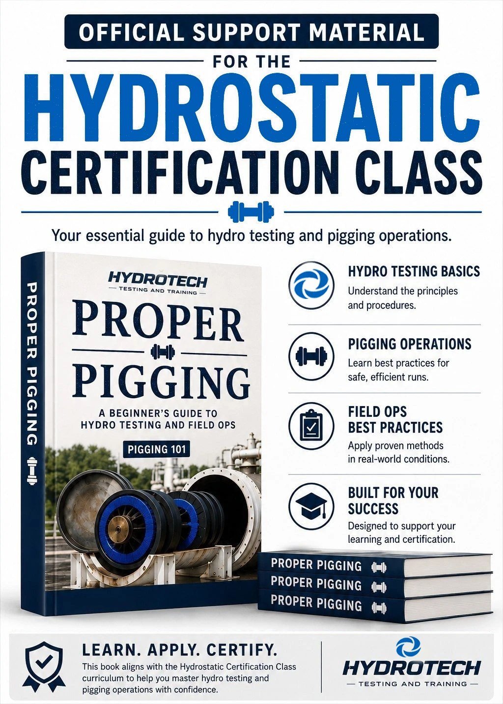 Official support material for the Hydrostatic Certification Class. The Proper Pigging field guide with the four course themes: test design and the pressure ladder, planning and permitting, conducting and analysing the test, and documentation and acceptance. HydroTech Testing and Training.