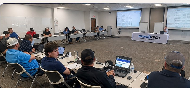 A HydroTech certification class in session: engineers at tables with laptops facing an instructor and projected screens.